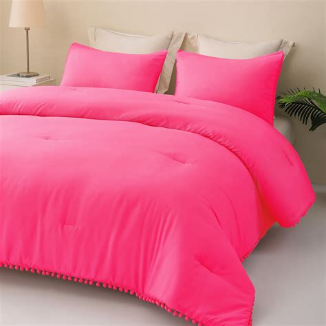 Exclusivo Mezcla Boho Pom Pom Ball Fringe King Size Comforter Set 3 Piece Hot Pink Lightweight