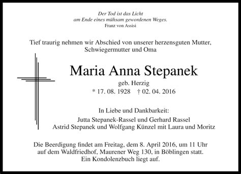 Traueranzeigen von Maria Anna Stepanek Kreiszeitung Böblinger Bote