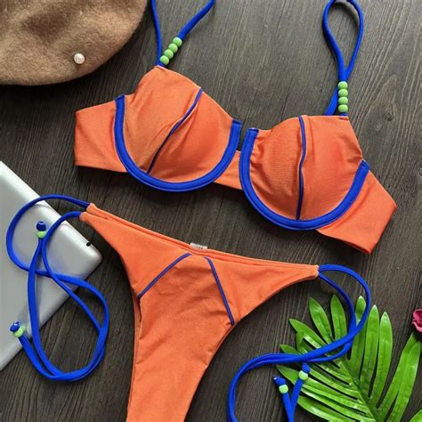 Bikini Set Stylish Breathable Beads Decor Push Up Patchwork Color Swimsuit Beach Clothing Girls