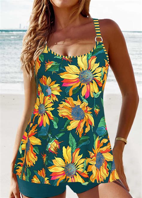 Floral Print Circular Ring Blackish Green Tankini Set Rosewe