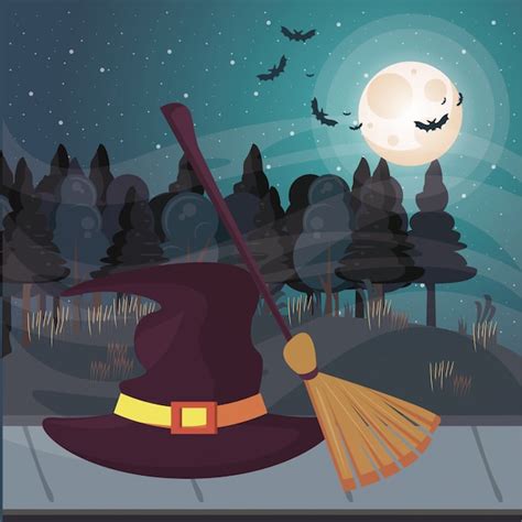 Escena Oscura De Halloween Con Sombrero De Bruja Vector Premium