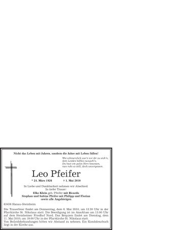 Traueranzeigen Von Leo Pfeifer Trauer Op Online De