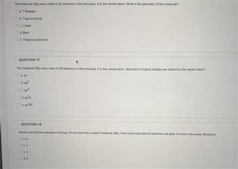 Solved The Molecule Ab3 Has A Total Of 26 Electrons In The