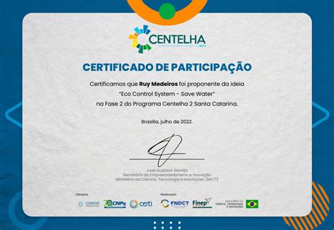 Certificado de participação Centelha Eco Control System