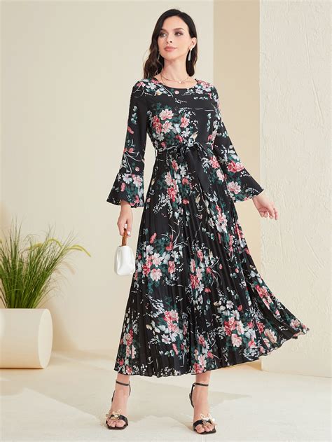 Shein Mulvari Floral Print Flounce Sleeve Pleated Hem Dress Shein Uk