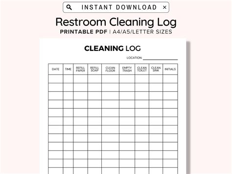 Weekly Bathroom Cleaning Chart Printable, Restroom Cleaning Log for ...