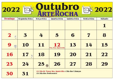 Arterocha CalendÁrio MÊs De Outubro De 2022