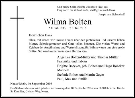 Alle Traueranzeigen für Wilma Bolten trauer rp online de