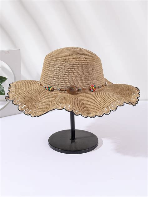 Sombrero De Paja Ribete En Abanico Con Dise O De Cuenta Beaded Trim