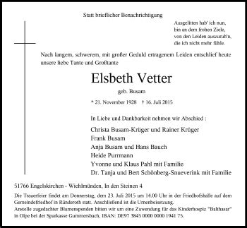 Traueranzeigen Von Elsbeth Vetter WirTrauern