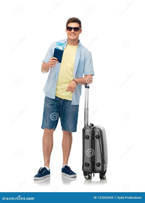 Man In Sunglasses With Travel Bag And Air Ticket Stock Image Image Of Fulllength Flight