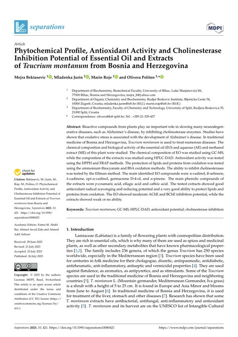 Pdf Phytochemical Proﬁle Antioxidant Activity And Cholinesterase