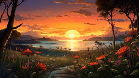 Premium AI Image | a painting of a sunset over a lake