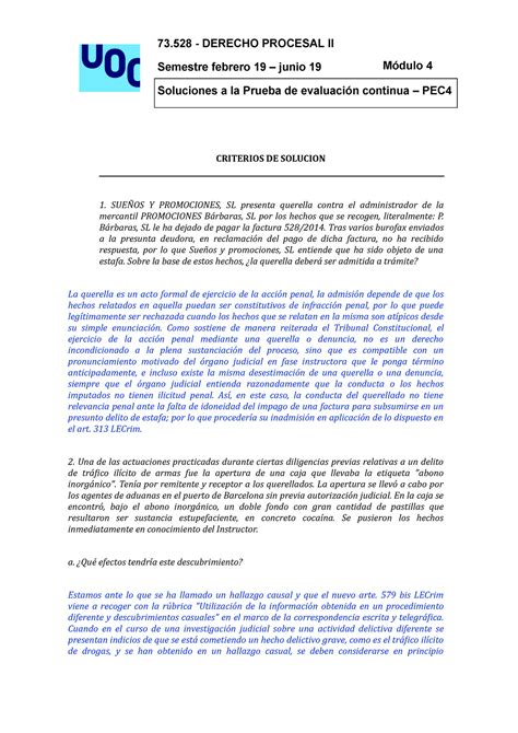 73528 Sol PEC 4 SOLPEC 73 DERECHO PROCESAL II Semestre Febrero 19