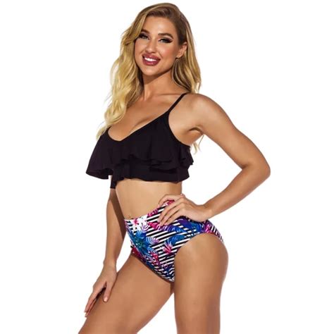 Sexy Stripe Leaves Print Bikini Sets Women Tank Swimsuit Two Pieces Girls Beach Bathing