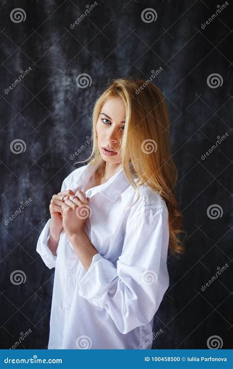 Fashion Luxury Blonde Girl In Man S Shirt Stock Photo Image Of Indoor Expensive 100458500
