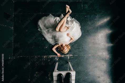 Pinup Style Blonde Beautiful Doll Sensual Bride In Stylish Expensive Italian Wedding Dress Lying