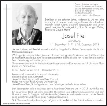 Traueranzeigen Von Josef Frei Trauer Bz