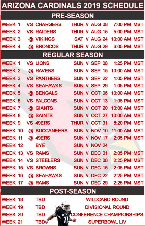 Arizona Cardinals Printable Schedule