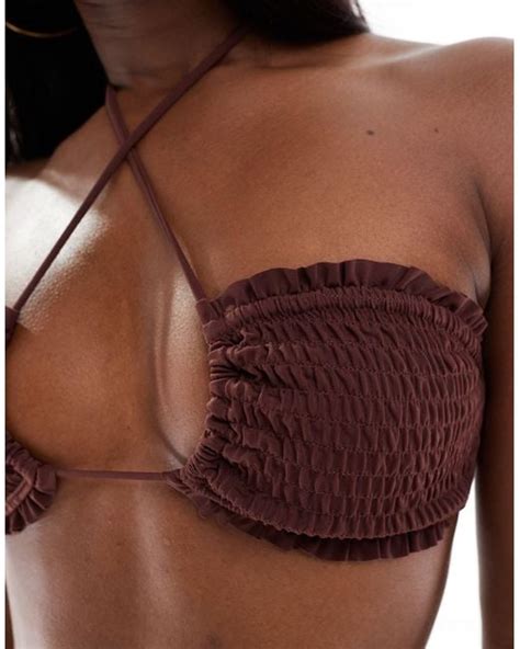 South Beach Frilly Crinkle Upside Down Triangle Bikini Top In Brown Lyst