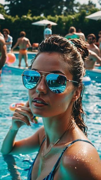 Mujer Con Bikini Azul Y Gafas De Sol En La Piscina Imagen Premium Generada Con IA