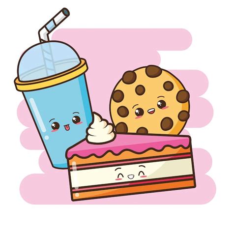 Kawaii comida rápida lindo pastel galleta y bebida ilustración