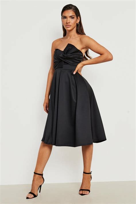 Scuba Bandeau Bow Detail Midi Skater Dress Boohoo Uk