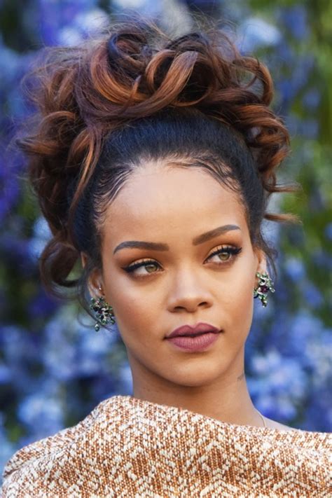 Rihanna Wavy Dark Brown Updo Hairstyle Steal Her Style