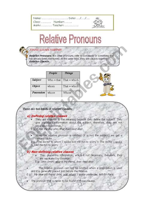 Esl Relative Pronouns Worksheets