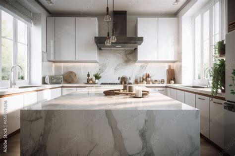 Sleek And Sophisticated Modern Kitchen With A Marble Countertop And