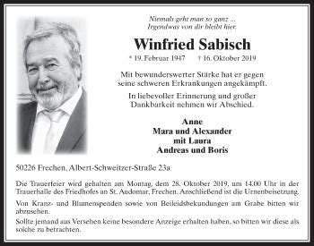 Traueranzeigen Von Winfried Sabisch Wirtrauern