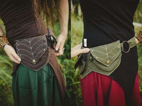 Elven Leaf Motif Pocket Belt Cotton Canvas Fanny Pack Forest Bum Bag