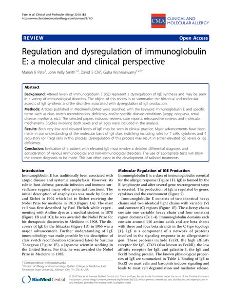 Pdf Regulation And Dysregulation Of Immunoglobulin E A Molecular And