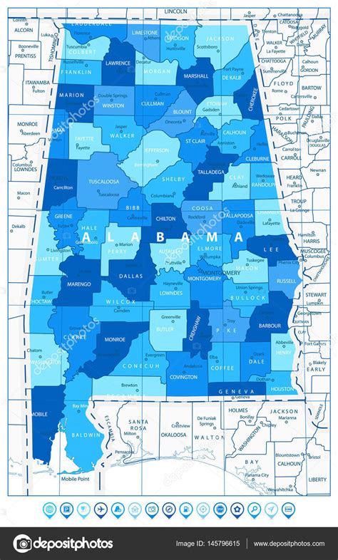 Alabama State Map in colors of blue and map pointers Stock Illustration ...