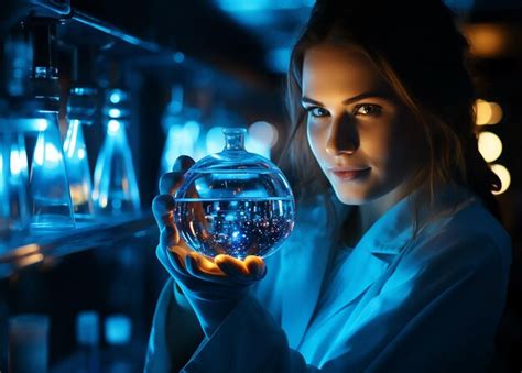 Premium Ai Image A Woman Holding A Bottle Of Perfume In A Laboratory