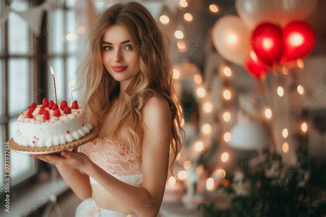 jeune fille blonde en tenue en dentelle tenant un gâteau aux fraises pour un anniversaire fond