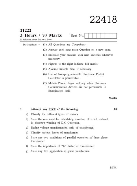 ELECTRIC MOTORS AND TRANSFORMERS (22418) Old Question Paper with Model