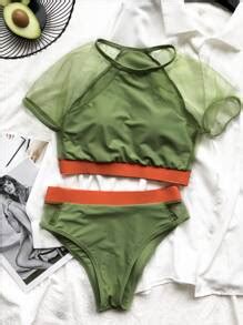 Contrast Mesh High Waisted Bikini Swimsuit SHEIN USA