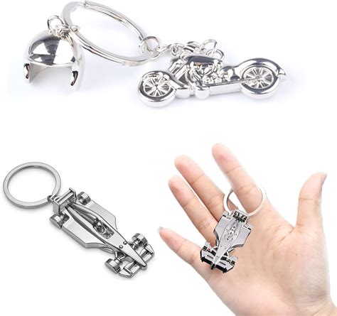 DKDDSSS 2PCS Silver Racing Car Keyring 3D Metal Motor Bike Keyring