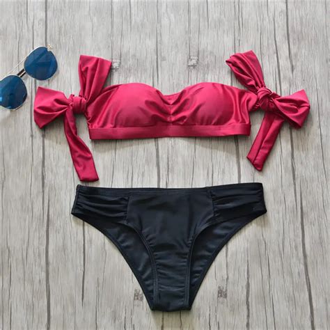 Wine Red Bikini Bandage Swimsuit Solid Swimwear Women Bandeau Bikini