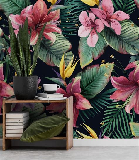 Papel Tapiz Tropical Retro Con Flores Y Hojas Mural De Pared Etsy M Xico