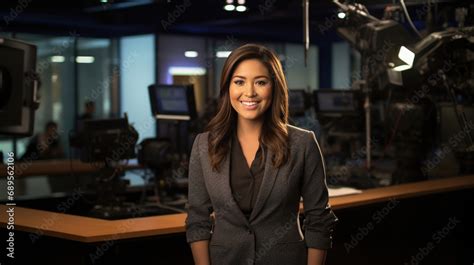 Beautiful female TV news anchor in news studio Stock Photo | Adobe Stock