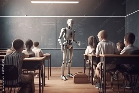 Robot Teacher Replacing Human Working In School Classroom Standing