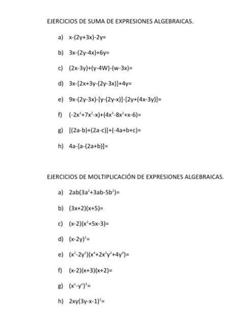 Suma Resta Multiplicacion Y Division De Expresiones Algebraicas