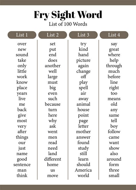 Fry Word List Fourth Grade