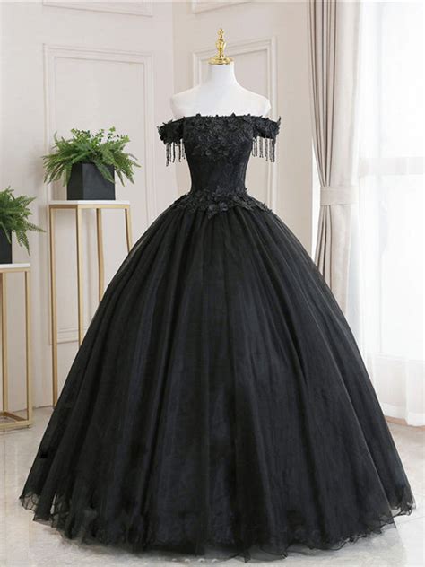 Black Tulle Lace Applique Long Prom Dress Black Tulle Evening Dress