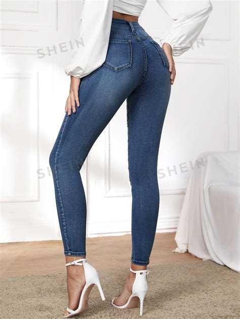 Shein Priv Jeans Ajustados Con Lavado Ligero Moda De Mujer Shein