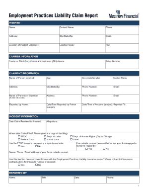 Fillable Online Employment Practices Liability Claim Report Form