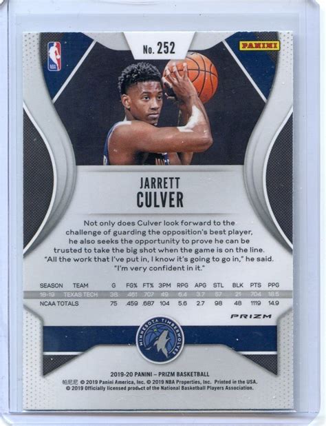 2019 20 Panini Prizm JARRETT CULVER Rookie RC Silver Refractor 252