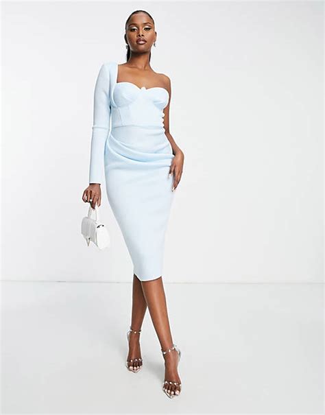 Asos Design One Shoulder Corset Midi Pencil Dress In Pale Blue Asos